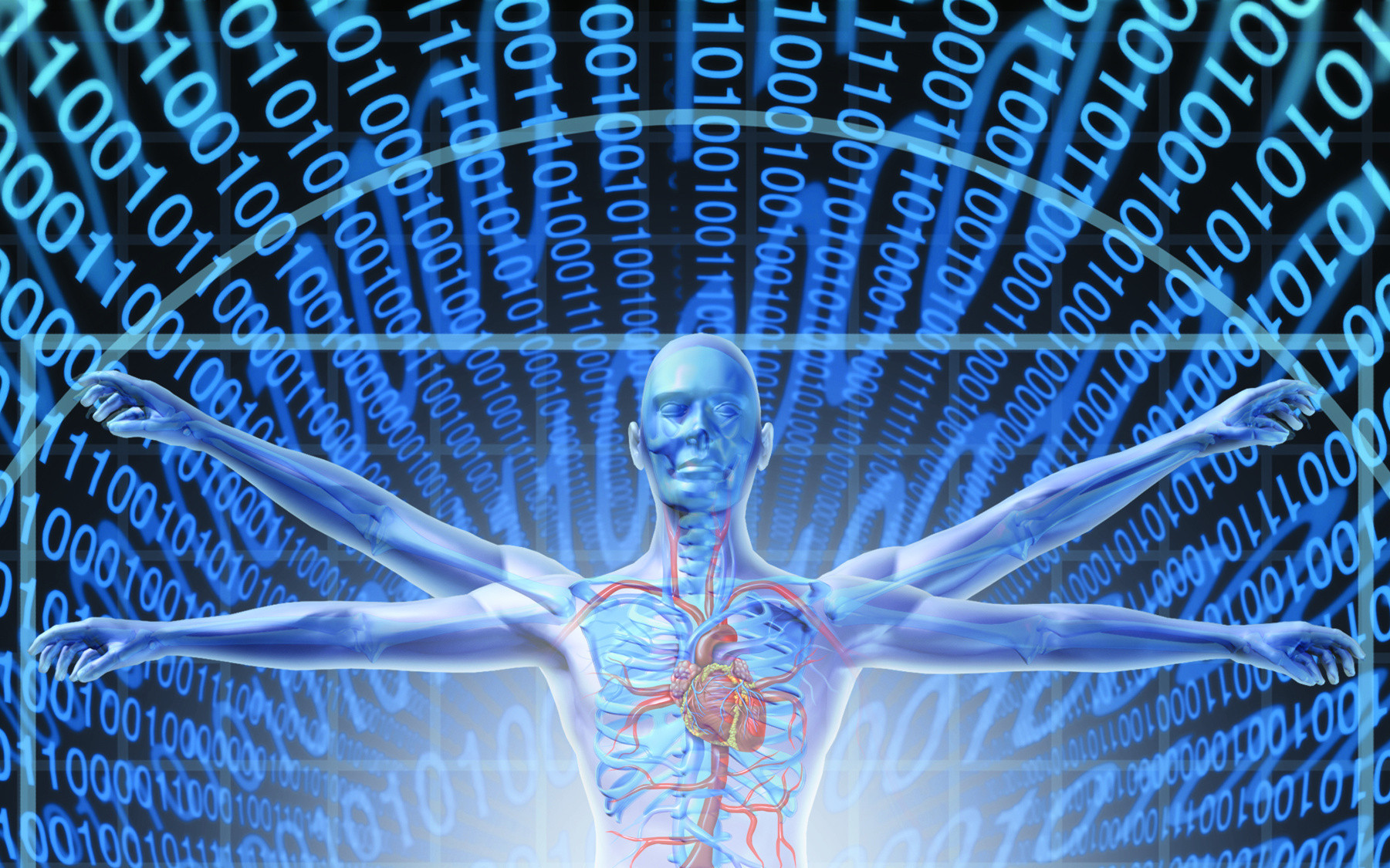 Medical Records Technology with a vitruvian man over a background of digital binary code as a health care symbol of electronic data storage at a central server network available in the cloud for a hospital or clinic patient convenience.