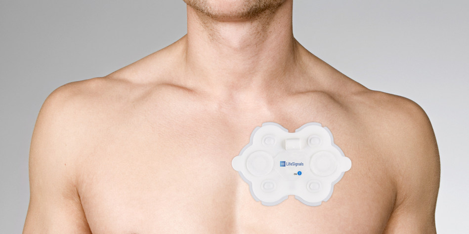 The Life Signals LP1250 Wireless Medical Biosensor provides 72-hour data capture of two-channel ECG and Heart Rate data 1A male.